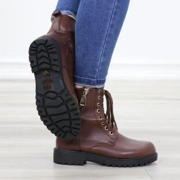 Faux leather brown laced up combat boots - Picture 3 of 11